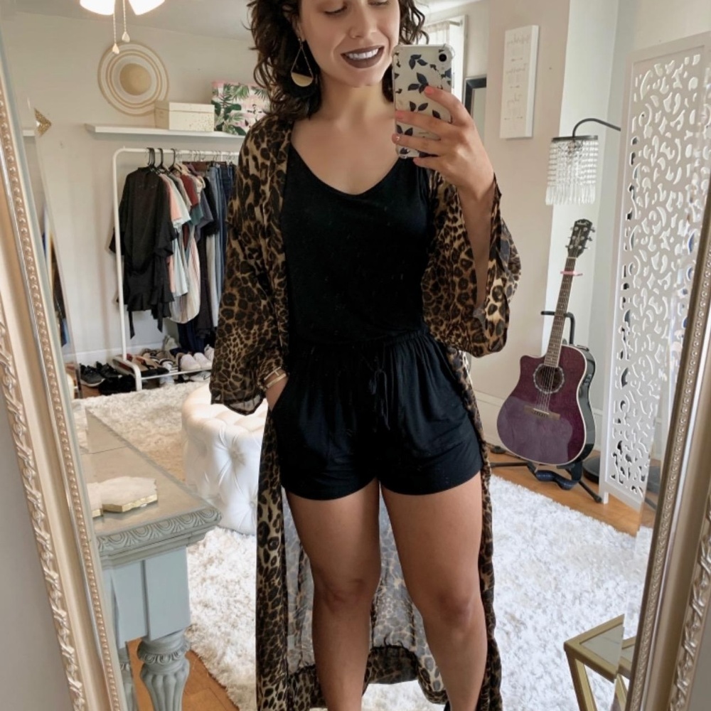 Long Sleeve Open Front Leopard Knit Long Cardigan - Picture 3 of 6